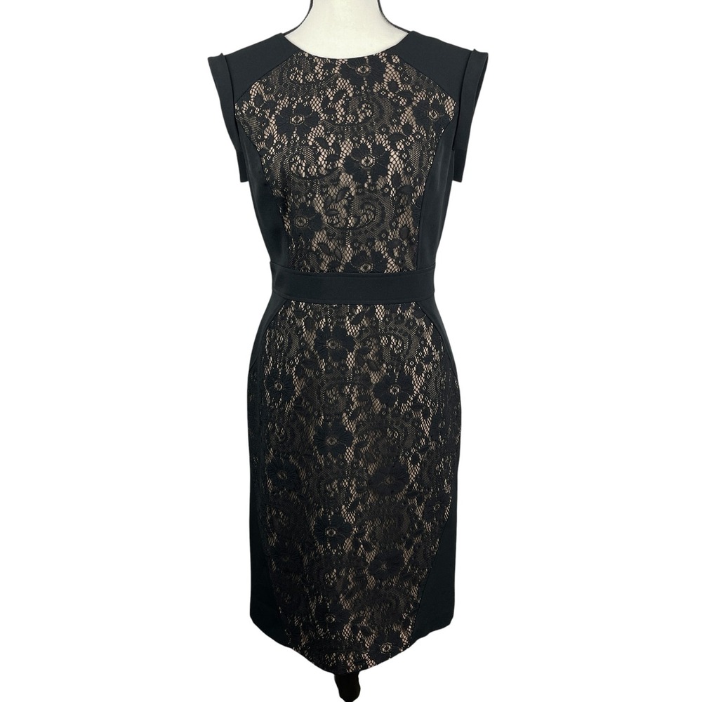 Adrianna Papell Women's Sheath Dress 14 Black Lace Overlay Sleeveless Cocktail